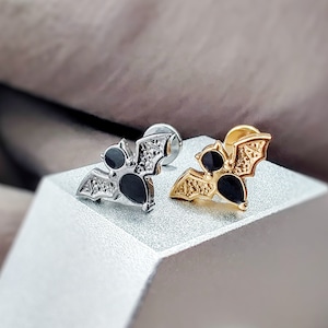 PAIR Titanium Enamel Bat Cartilage Studs, 18G Implant Grade Threadless Helix Earrings, Quirky Animal Push In Labret Stud