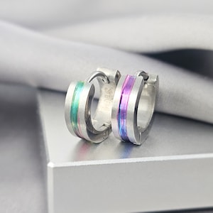 Matted Two-Tone Rainbow & Silver Hoop Huggies, Blue Minimalist Surgical Steel Huggies, Gold Small Hoop Earrings, Black Men&#39;s Earrings