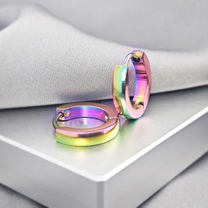 Basic Rainbow Hoop Huggies Steel Earrings, Minimalist Surgical Steel Huggies Earrings, Small Hoop Earrings Multi Color Sleeper Earrings