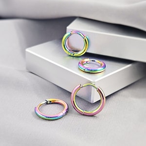 2MM Classic Rainbow Small Huggies Hoop Earrings, Simple Surgical Steel Huggie Hoops, Clicker Snap-on Plain Cartilage Hoop Earrings Gift