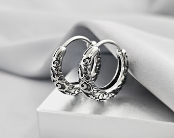 Antique Celtic Small Steel Huggie Hoops Earrings, Tribal Style Surgical Steel Hoop Earrings, Cool Boho Filigree Textured Steel Jewelry Gift