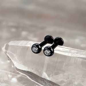 PAIR Titanium Black CZ Ball Cartilage Studs, 16G Implant Grade Helix Earrings, Minimalist Geometric Stud Earrings