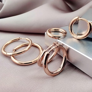 2.5MM Classic Rose Gold Hoop Earrings, Simple 316L Surgical Steel Huggie Hoops, Clicker Snap on Plain Hoop Earrings Jewelry Gift