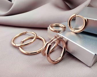 2.5MM Classic Rose Gold Hoop Earrings, Simple 316L Surgical Steel Huggie Hoops, Clicker Snap on Plain Hoop Earrings Jewelry Gift