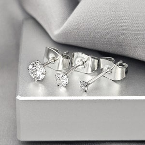 2MM 3MM 4MM CZ Martini Round Silver Stud Earrings, Cubic Zirconia 925 Sterling Silver Earrings, Dainty Minimalist Crystal Stud Earrings