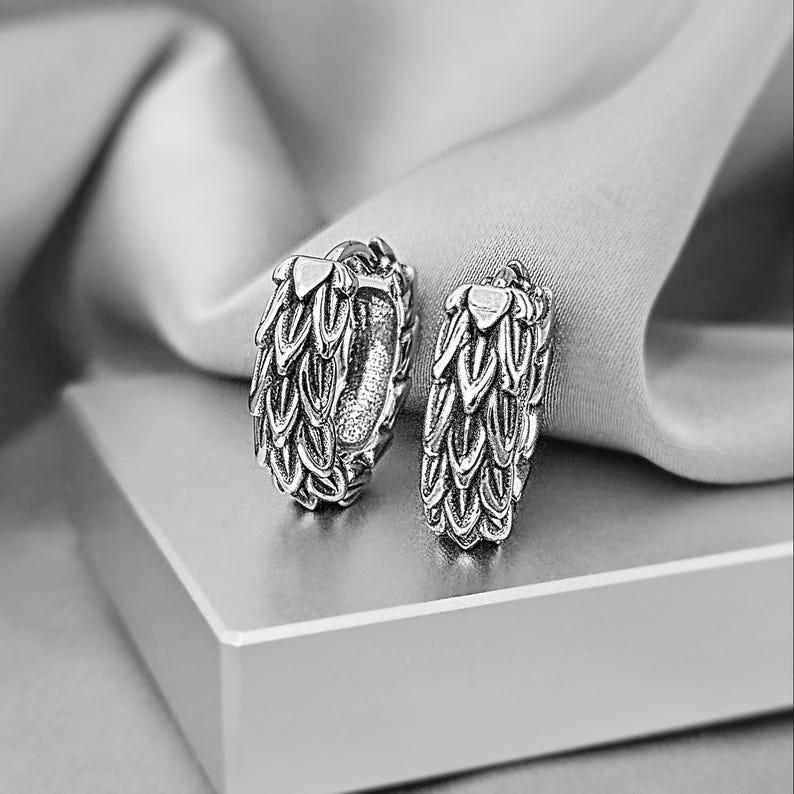Cool Dragon Hoop Earrings for Men, Surgical Steel Antique Dragon Jewelry Gift Him, Edgy Gothic Dragon Earrings, Unique Dragon Earrings Gift SCALE / 1 PAIR