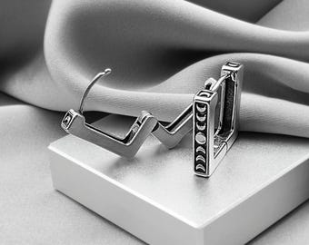Boho Moon & Star Hoop Earrings Witchy Gothic Celestial Jewelry Moon Phase Geometric Square Hoops Cosmic Astrology Gift Mid Century Modern