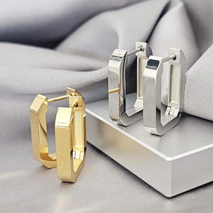 Geometric Chunky Thick Rectangular Gold Hoop Earrings Mid Century Modern Surgical Steel Jewelry Gift Simple Square Edge Long Hoop Earrings