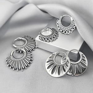 Sand Dollar Boho Hoop Earrings Surgical Steel Bohemian Earrings Unique Tribal Jewelry Gift for Her Seashell Stainless Steel Hoop Earrings 3 PAIRS/SD,FAN,MAN