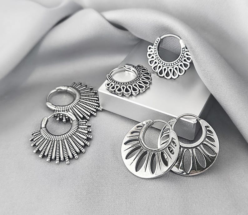 Sand Dollar Boho Hoop Earrings Surgical Steel Bohemian Earrings Unique Tribal Jewelry Gift for Her Seashell Stainless Steel Hoop Earrings 3 PAIRS/SD,FAN,MAN