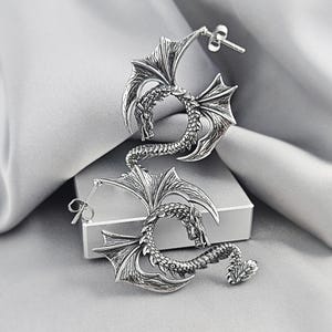 Gothic Statement Dragon Dangle Drop Earrings Surgical Steel Dragon Fantasy Witchy Jewelry Gift Halloween Dragon Wings Post Stud Earrings