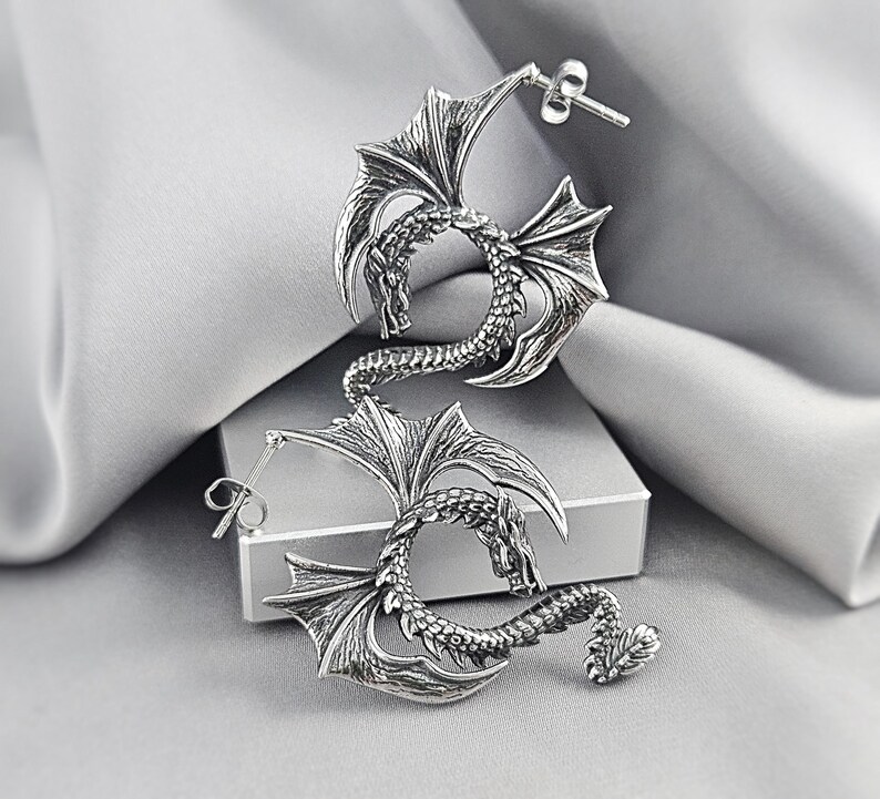 Gothic Statement Dragon Dangle Drop Earrings Surgical Steel Dragon Fantasy Witchy Jewelry Gift Halloween Dragon Wings Post Stud Earrings