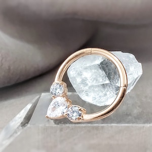16G CZ Round & Teardrop Rose Gold Hoop Cartilage Earrings, Surgical Steel Daith Hoop Earring, Gold Hinged Segment Nose Hoop Ring,