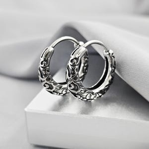 Antique Celtic Small Steel Huggie Hoops Earrings, Tribal Style Surgical Steel Hoop Earrings, Cool Boho Filigree Textured Steel Jewelry Gift