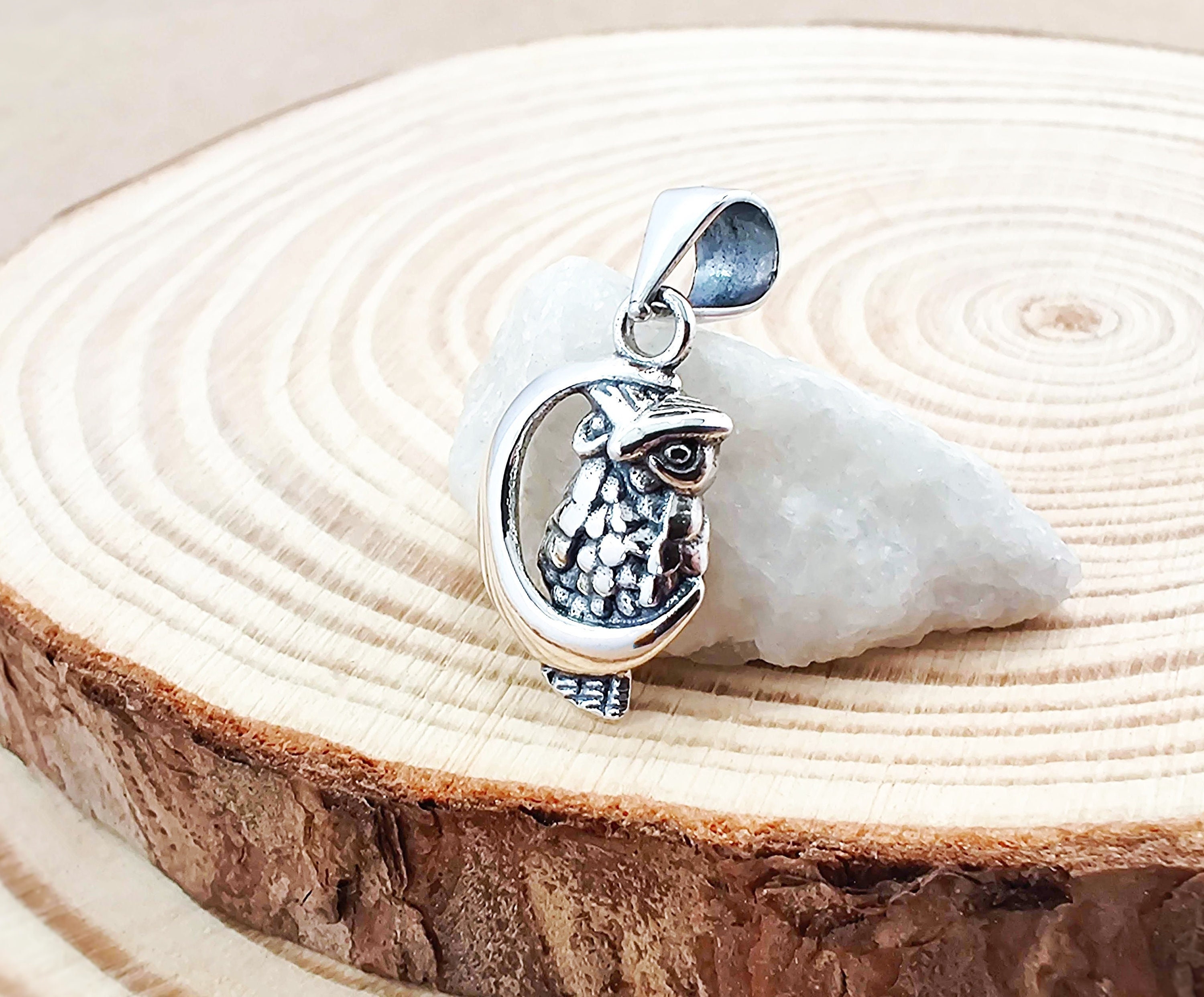 Tiny Cute Moon & Owl Silver Pendant Necklace, Bird 925 Sterling Silver Jewelry, Quirky Animal Si