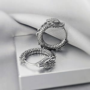Cool Dragon Hoop Earrings for Men, Surgical Steel Antique Dragon Jewelry Gift Him, Edgy Gothic Dragon Earrings, Unique Dragon Earrings Gift DRAGON / 1 PAIR
