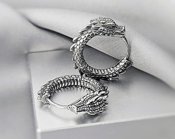 Cool Dragon Hoop Earrings for Men, Surgical Steel Antique Dragon Jewelry Gift Him, Edgy Gothic Dragon Earrings, Unique Dragon Earrings Gift