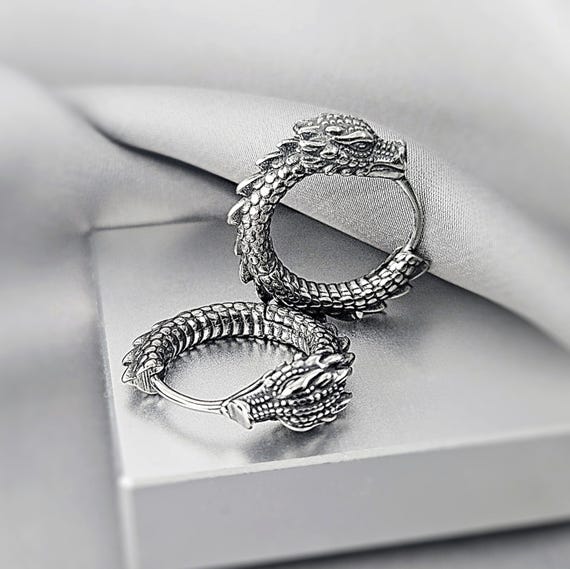 Cool Dragon Hoop Earrings for Men, Surgical Steel Antique Dragon Jewelry Gift Him, Edgy Gothic Dragon Earrings, Unique Dragon Earrings Gift