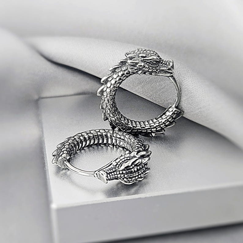 Cool Dragon Hoop Earrings for Men, Surgical Steel Antique Dragon Jewelry Gift Him, Edgy Gothic Dragon Earrings, Unique Dragon Earrings Gift DRAGON / 1 PAIR