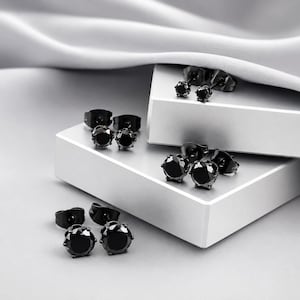Solid Round Black CZ Steel Stud Earrings, Cubic Zirconia Surgical Steel Studs, Black Stone Minimalist Stud Earrings Jewelry Gift