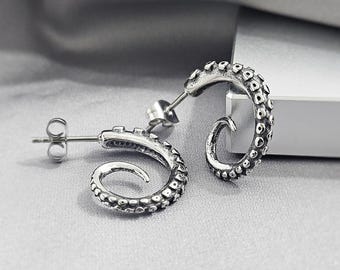 Octopus Tentacle Hoop Earrings, Squid Animal Gothic Jewelry for Men, Oxidized Surgical Steel Cool Edgy Emo Punk Gift, Tattoo Post Stud Hoops