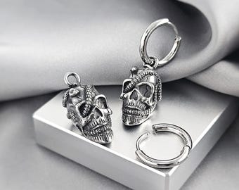 Gothic Skull Snake Charm Hoop Earrings Emo Grunge Punk Jewelry Gift Cool Surgical Steel Halloween Witchy Earrings Edgy Men Hoop Earrings
