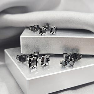Solid Black CZ Square Martini Stud Earrings, Cubic Zirconia Surgical Steel Studs, Black Stone Geometric Minimalist Stud Earrings