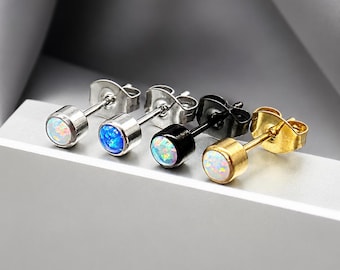 Titanium Opal Stud Earrings Implant Grade Hypoallergenic Lab Created Opal Tiny Dainty Minimalist Earrings October Birthstone Jewelry Gift