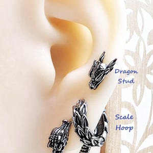 Cool Dragon Hoop Earrings for Men, Surgical Steel Antique Dragon Jewelry Gift Him, Edgy Gothic Dragon Earrings, Unique Dragon Earrings Gift image 2