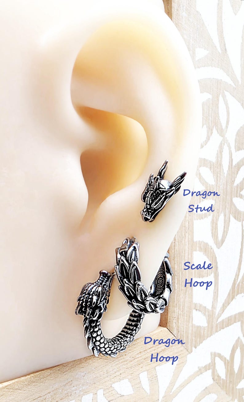 Cool Dragon Hoop Earrings for Men, Surgical Steel Antique Dragon Jewelry Gift Him, Edgy Gothic Dragon Earrings, Unique Dragon Earrings Gift image 2