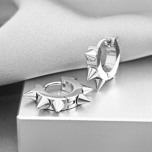 Tiny Spike Pair Silver Hoop Huggies Steel Earrings, Punk Surgical Steel Huggies Earrings, Small Hoop Earrings, Helix Earrings Cartilage Hoop