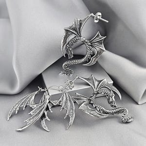 Dragon Wings Dangle Drop Hoop Earrings Surgical Steel Dragon Fantasy Witchy Earrings Gift Gothic Gargoyle Unique Jewelry Viking Norse Gift WING+GOTHIC/2PAIRS