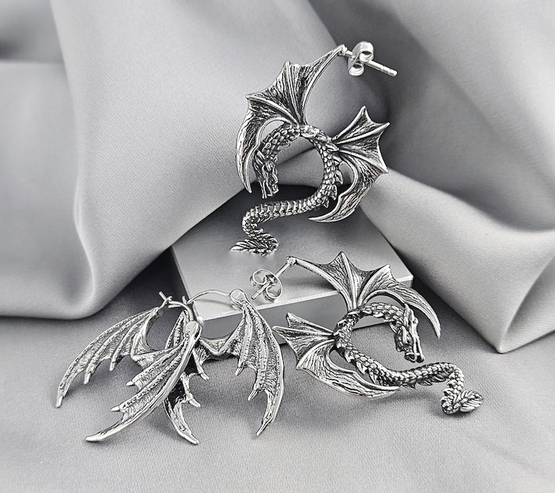 Dragon Wings Dangle Drop Hoop Earrings Surgical Steel Dragon Fantasy Witchy Earrings Gift Gothic Gargoyle Unique Jewelry Viking Norse Gift WING+GOTHIC/2PAIRS