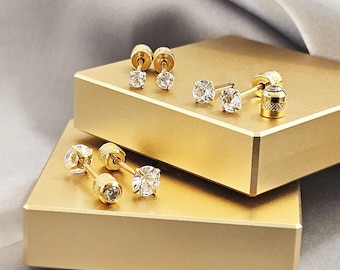 20G Tiny Reversible 2 in 1 CZ Gold Stud Earrings, Surgical Steel Jewelry, Cubic Zirconia Gold Screw Back Cartilage Studs Jewelry Gift