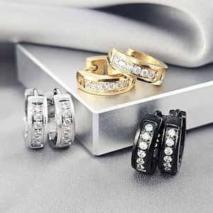 CZ Small Hoop Huggies Earrings Surgical Steel Cubic Zirconia Dainty Earrings Cartilage Crystals Gold Hoop Earrings Cool Black Earrings Men