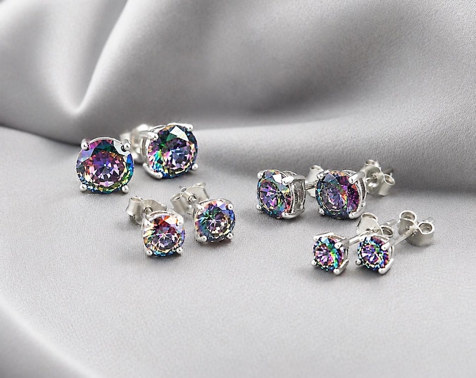 Classic Round Mystic Topaz Silver Stud Earrings, Rainbow CZ 925 Sterling Silver Earrings, Minimalist Crystal Stud Earrings Jewelry Gift