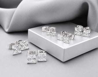 Square CZ Stud Earrings Silver Cubic Zirconia Princess Cut Earrings Minimalist Geometric Simple Sparkly Diamond Cartilage Post Studs Gift