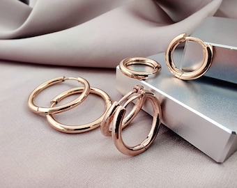 2.5MM Classic Rose Gold Hoop Earrings, Simple 316L Surgical Steel Huggie Hoops, Clicker Snap on Plain Hoop Earrings Jewelry Gift