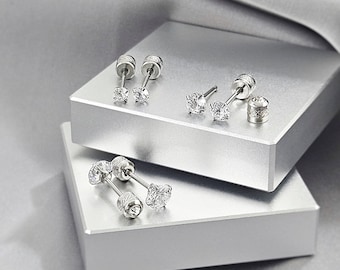 20G Tiny Reversible 2 in 1 CZ Earrings Stud, Surgical Steel Cartilage Earrings, Minimalist Cubic Zirconia Screw Back Studs Jewelry Gift