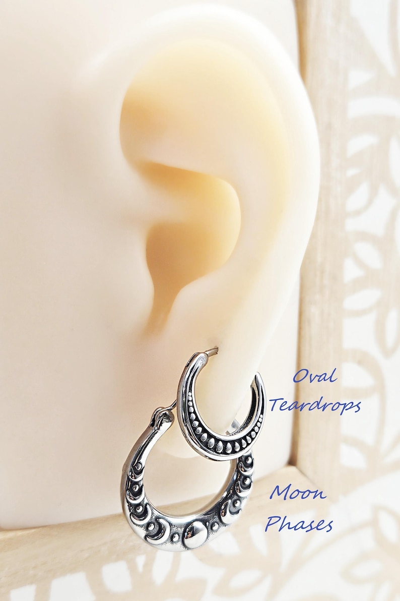 Moon Phase Hoops Earrings Surgical Steel Celestial Jewelry Gift Emo Punk Grunge Moon Earrings Boho Moon Stars Hoop Earrings Gift for Her image 2