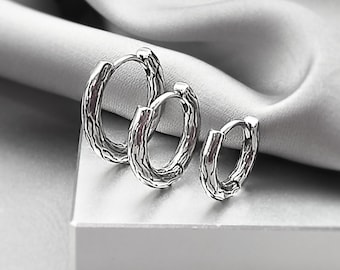 Nature Rustic Surgical Steel Hoop Earrings Small Huggie Hoops Minimalist Boho Hammered Jewelry Cartilage Helix Daith Conch Tragus Unisex