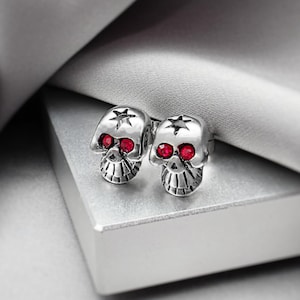 Red Eye CZ Star Skull Stud Earrings Gothic Punk Rock Jewelry Surgical Steel Skeleton Biker Grunge Unique Funky Statement Skull Jewelry Gift