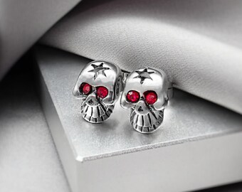 Red Eye CZ Star Skull Stud Earrings Gothic Punk Rock Jewelry Surgical Steel Skeleton Biker Grunge Unique Funky Statement Skull Jewelry Gift