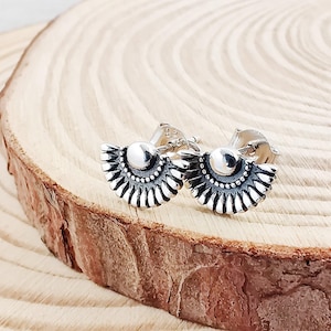 Oxidized Fan Silver Stud Earrings, Unique 925 Sterling Silver Jewelry, Cool Sunset Silver Post Stud Earrings Gift