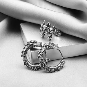 Cool Dragon Hoop Earrings for Men, Surgical Steel Antique Dragon Jewelry Gift Him, Edgy Gothic Dragon Earrings, Unique Dragon Earrings Gift 2PRS/DG. HOOP+STUD