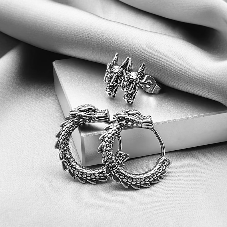 Cool Dragon Hoop Earrings for Men, Surgical Steel Antique Dragon Jewelry Gift Him, Edgy Gothic Dragon Earrings, Unique Dragon Earrings Gift 2PRS/DG. HOOP+STUD