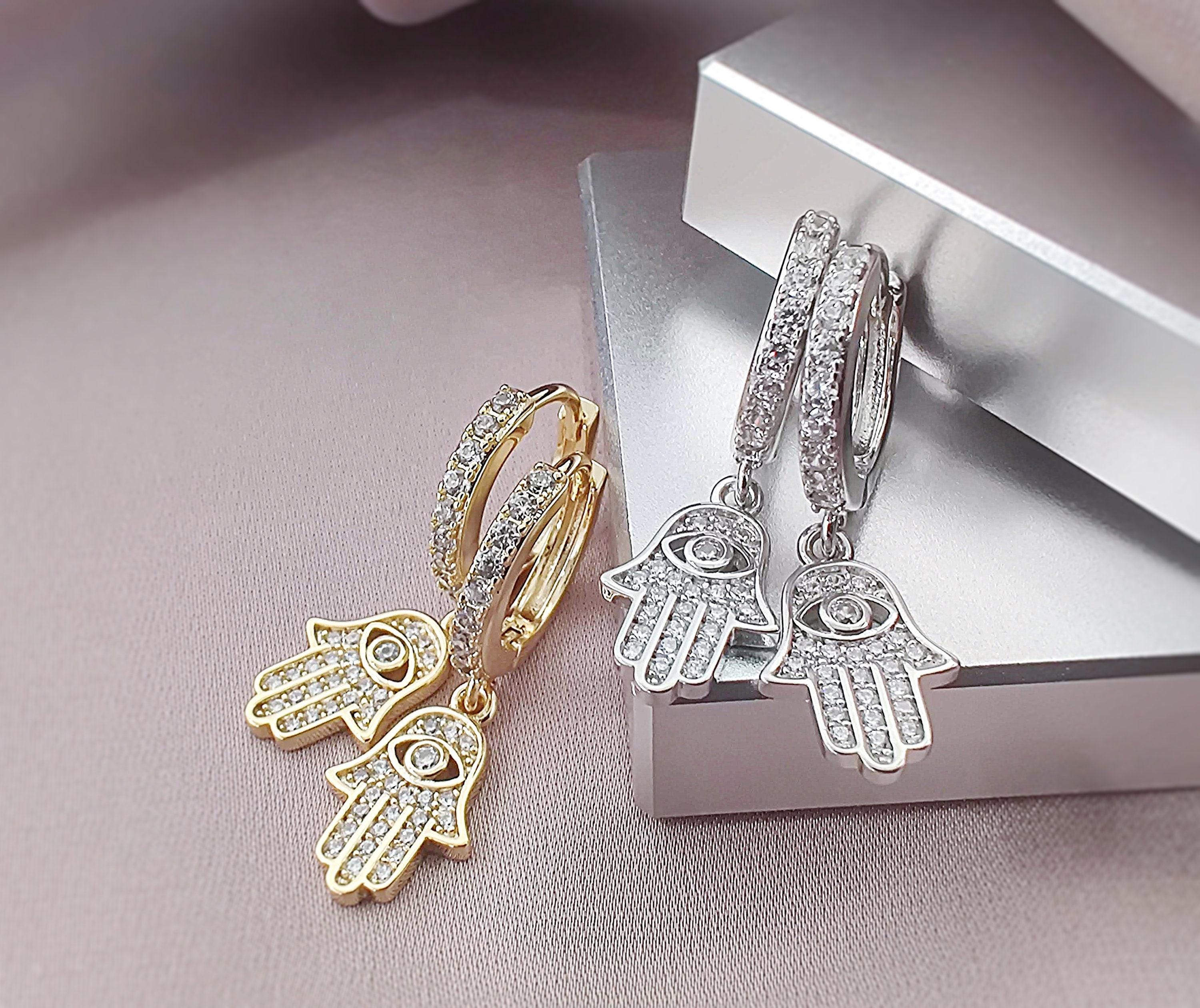 Gold CZ Hamsa Hand Charm Huggie Hoop Earrings, Pave Cubic Zirconia Evil ...
