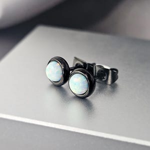 6MM Small White Opal Black Steel Stud Earrings Surgical Steel Lab-Created Fire Opal Studs  Geometric Minimalist Birthstone Jewelry Gift