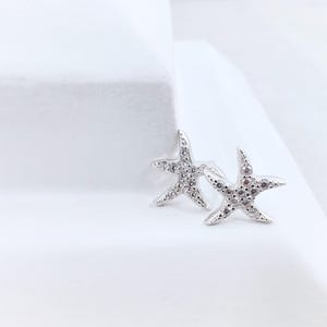 Dancing Starfish CZ Silver Earring Studs, Hawaiian Starfish Crystal 925 Sterling Silver Earrings, Cubic Zirconia Silver Post Stud Gift,