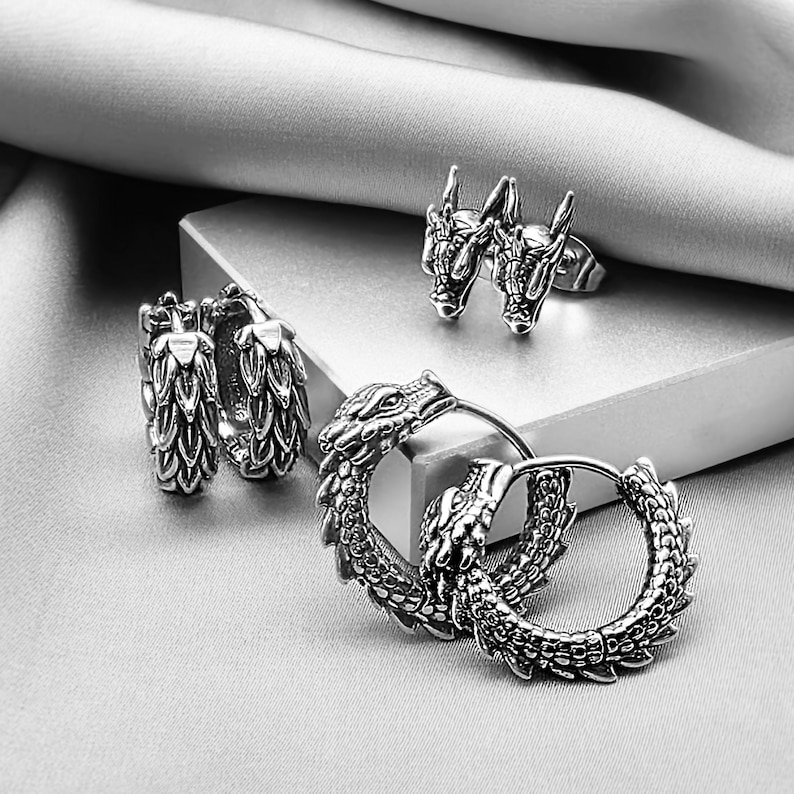 Cool Dragon Hoop Earrings for Men, Surgical Steel Antique Dragon Jewelry Gift Him, Edgy Gothic Dragon Earrings, Unique Dragon Earrings Gift 3PRS/DG.HOOP+STUD+SC